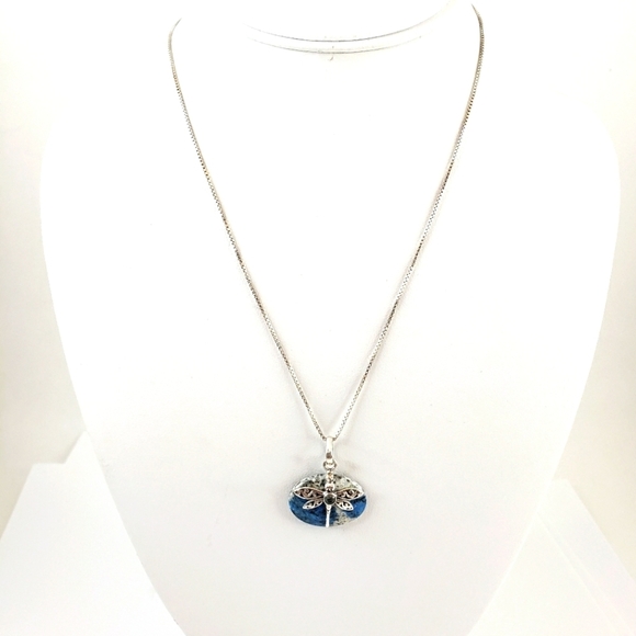 Blue azurite dragonfly pendant necklace + 925 sterling silver chain - Picture 3 of 13